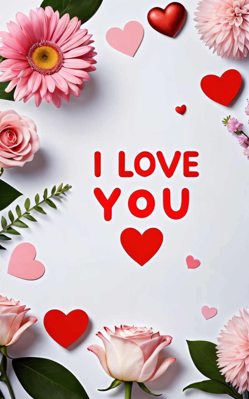 A white background with pink flowers and hearts and i love you written on it with red letters and hearts around it and a pink flower, love, a picture, romanticism