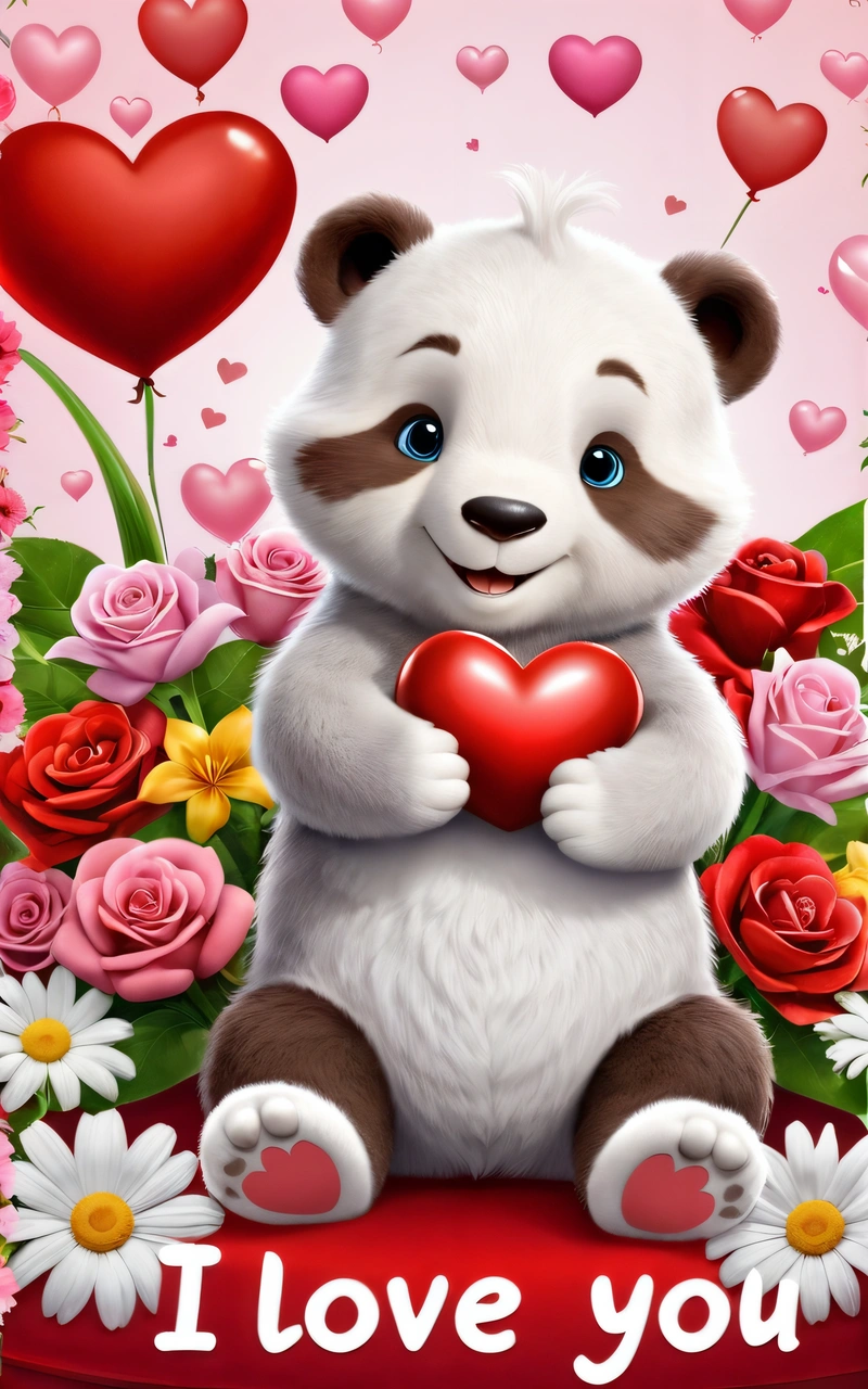 A cute panda bear holding a heart surrounded by flowers and hearts with the words i love you on it's chest and a pink background, cute and funny, a screenshot, naive art