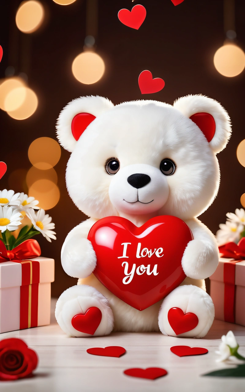 A white teddy bear holding a heart with a message i love you on it and a gift box with a flower in front of it, love, a digital rendering, romanticism