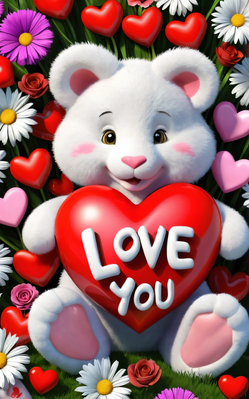 A white teddy bear holding a heart surrounded by flowers and hearts with the words love you written on it in a field of daisies, love, a digital rendering, naive art