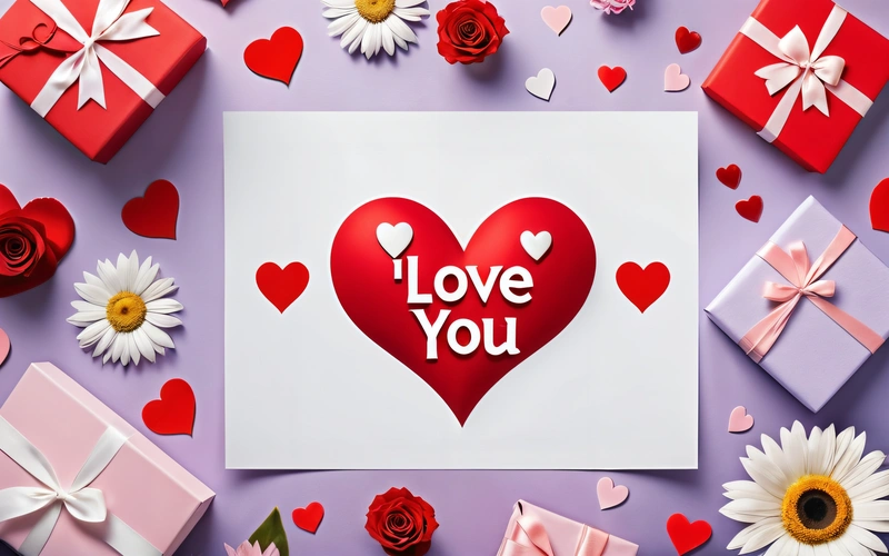 A card with a heart and i love you on it surrounded by gift boxes and flowers on a purple background with hearts and daisies, love, a digital rendering, romanticism