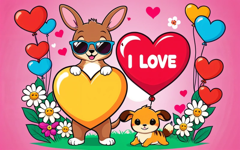 A cartoon dog and a puppy holding a heart shaped balloon with the word i love on it and a heart shaped balloon with the word i love, love, a child's drawing, furry art