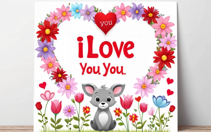 A card with a picture of a little mouse and flowers in a heart frame with the words i love you on it and a red heart, love, a cross stitch, computer art