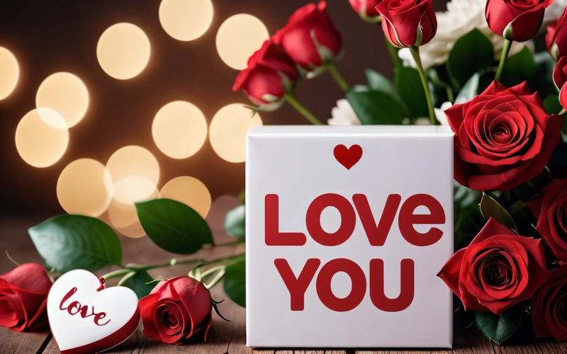 A card with the words love you next to a bouquet of roses and a heart shaped box with a message on it that says love, love, a 3d render, romanticism