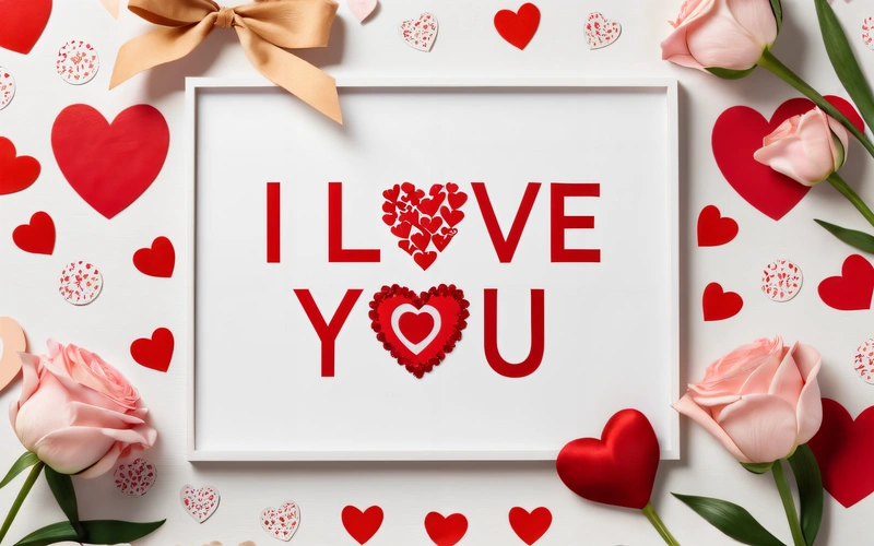 A picture frame with a heart and a bow on it with hearts around it and a bow on the side of the frame that says i love you, love, a cross stitch, romanticism