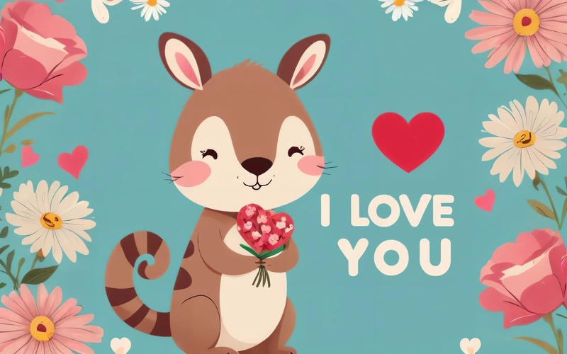 A cute little racoon holding a bouquet of flowers with a heart in the background that says i love you on a blue background with pink daisies, love, a picture, furry art