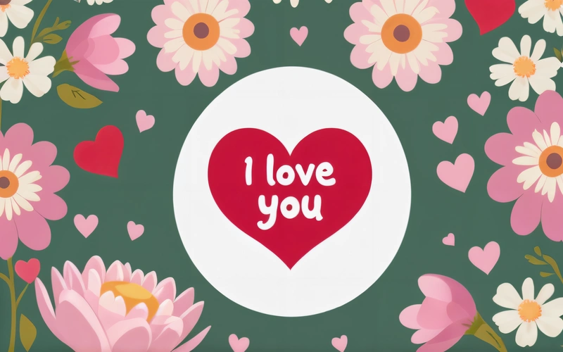 A heart with a message i love you surrounded by flowers and hearts on a green background with a white circle with a red heart in the center, love, a poster, international typographic style