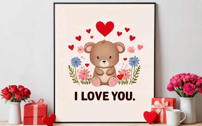 A picture of a teddy bear with a heart on it and a flower arrangement in front of it with a vase of roses and a gift box, love, a cross stitch, computer art