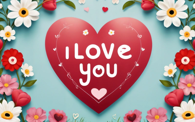 A heart with the words i love you surrounded by flowers and daisies on a blue background with a border of daisies and daisies, love, a digital rendering, lyco art