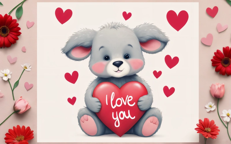 A valentine card with a cute teddy bear holding a heart surrounded by flowers and hearts on a pink background with a white border with the words i love you, love, a digital rendering, computer art