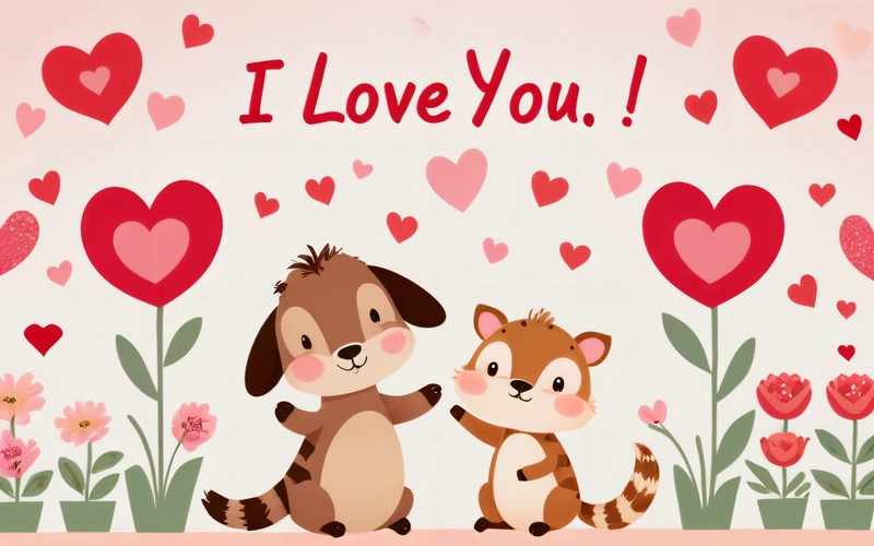 A couple of animals standing next to each other on a field of flowers and hearts with the words i love you written on the back, love, a storybook illustration, naive art