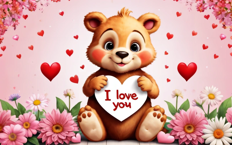 A teddy bear holding a heart with a message i love you on it in front of flowers and hearts on a pink background with a pink background, love, a digital rendering, lyco art