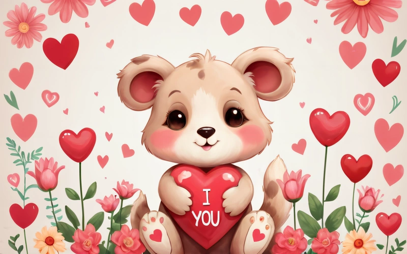 A cute little teddy bear holding a heart in a field of flowers and hearts with the words i love you written on it in the center, cute and funny, a digital rendering, lyco art