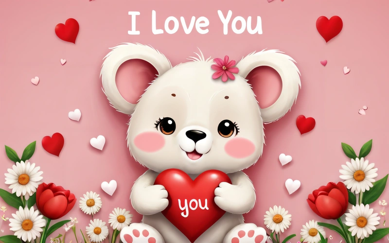 A cute white teddy bear holding a heart surrounded by flowers and hearts with the words i love you on it's chest and a pink background, love, a picture, lyco art