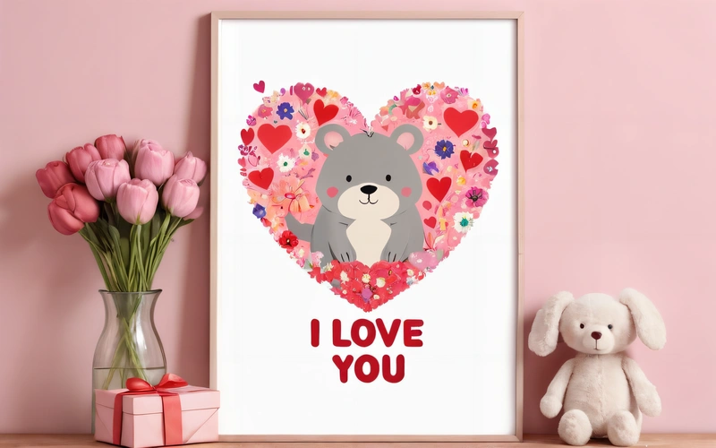 A picture of a bear and a vase of flowers on a table with a pink wall behind it and a pink wall behind it with a heart and a picture of a bear, poster, a cross stitch, lyco art