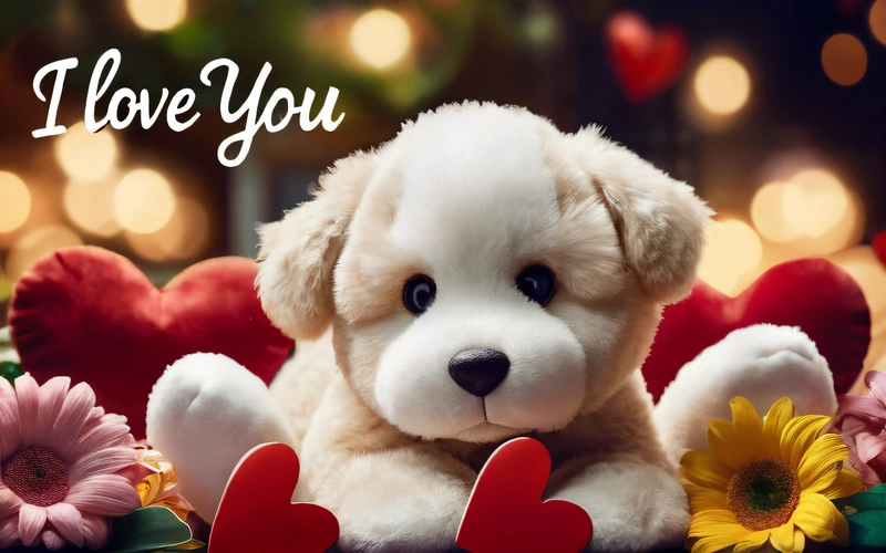 A teddy bear sitting on a table with flowers and hearts around it with a message i love you on the back of the picture and a background, u, computer graphics, furry art
