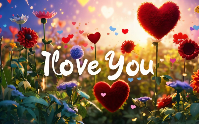 A field of flowers with hearts and the words i love you written in the middle of the picture with a sun setting behind them and a field of flowers, love, computer graphics, romanticism