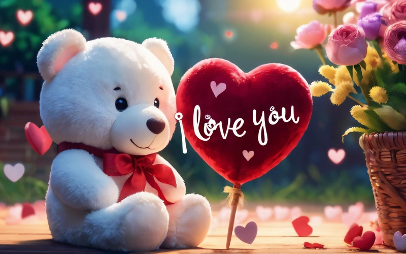 A teddy bear holding a heart shaped balloon with the word i love you written on it next to a basket of flowers and a basket of roses, love, a stock photo, romanticism