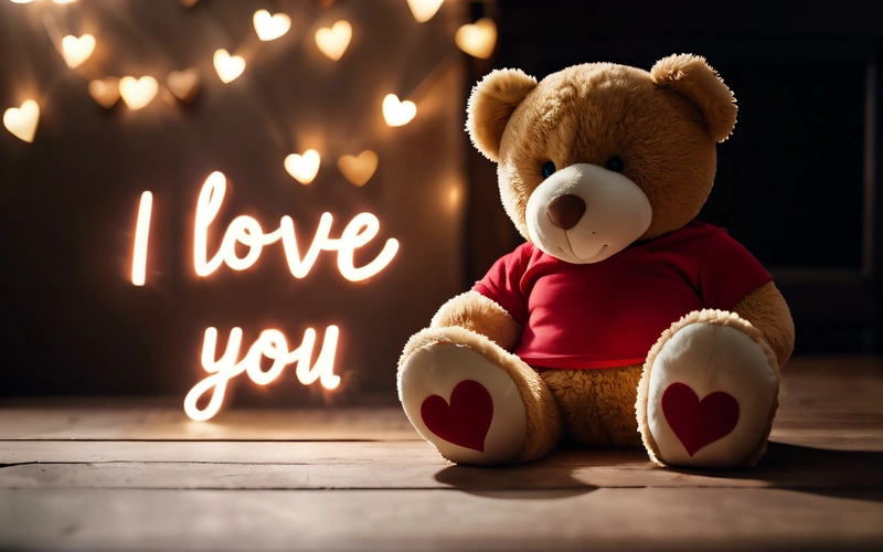 A teddy bear sitting on a table with a light up sign behind it that says i love you on it and a heart - shaped light up sign behind it, love, a stock photo, romanticism