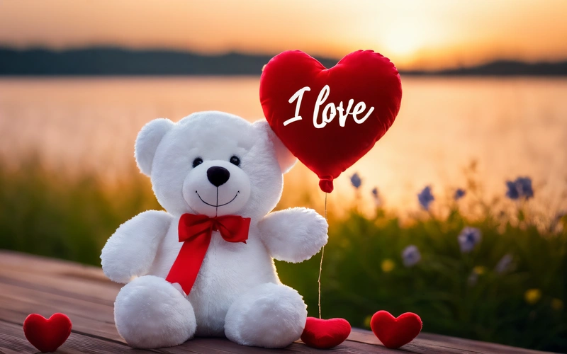 A teddy bear holding a heart shaped balloon with the word i love on it sitting on a wooden table near a lake at sunset with flowers, love, a stock photo, romanticism