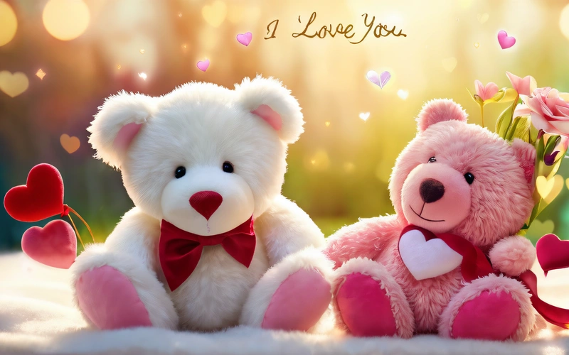 Two teddy bears sitting next to each other with hearts on them and a message i love you written on the back of the bears's, love, a picture, romanticism