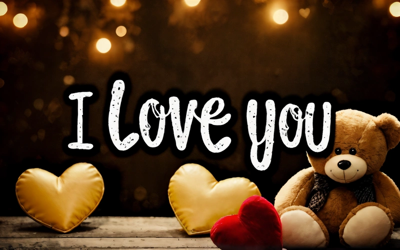 A teddy bear sitting next to a heart shaped balloon with the word i love you written on it and a string of lights behind it, love, a 3d render, romanticism