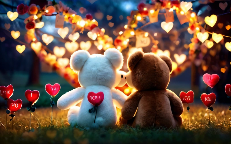 Two teddy bears sitting in the grass with hearts around them and a string of lights behind them that are strung with lights and hearts,, love, a storybook illustration, romanticism