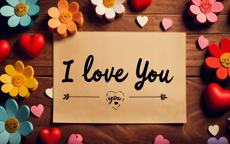 A piece of paper with the words i love you written on it surrounded by hearts and flowers on a wooden surface with a message i love you, love, a picture, romanticism