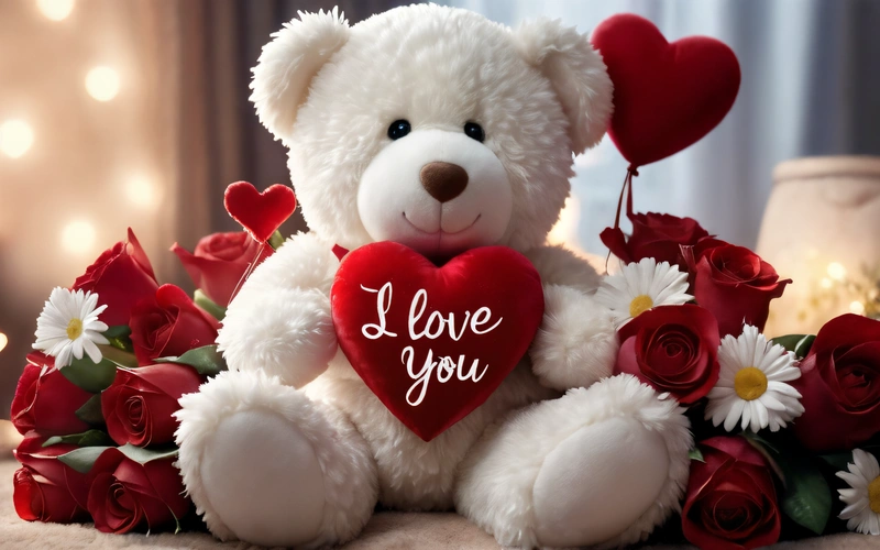 A teddy bear with a heart and flowers on a table with lights in the background and a message i love you written on the teddy bear, love, a picture, romanticism