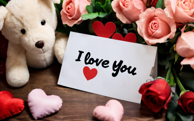 A teddy bear next to a card with i love you written on it and pink roses around it and a white teddy bear with a red heart, love, a picture, romanticism