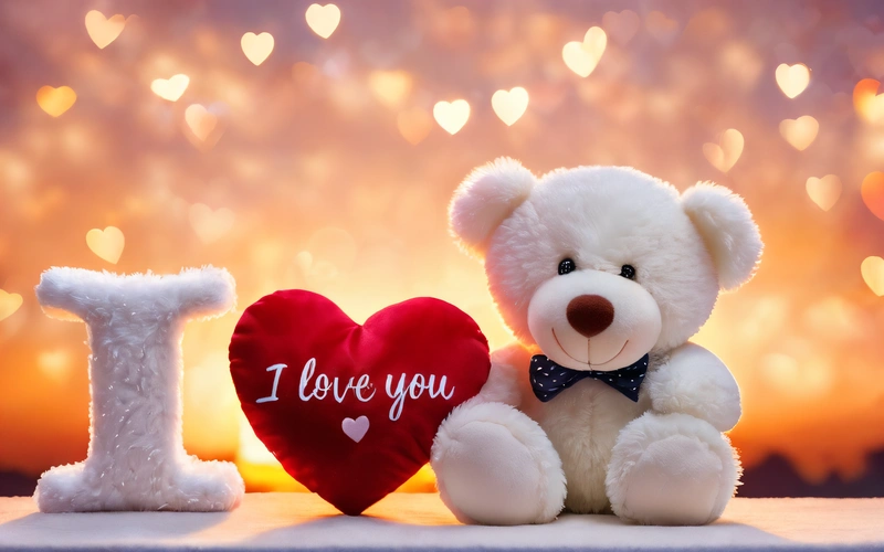 A teddy bear with a heart and i love you sign in front of a boke of lights and a heart shaped i love you sign, love, a stock photo, romanticism