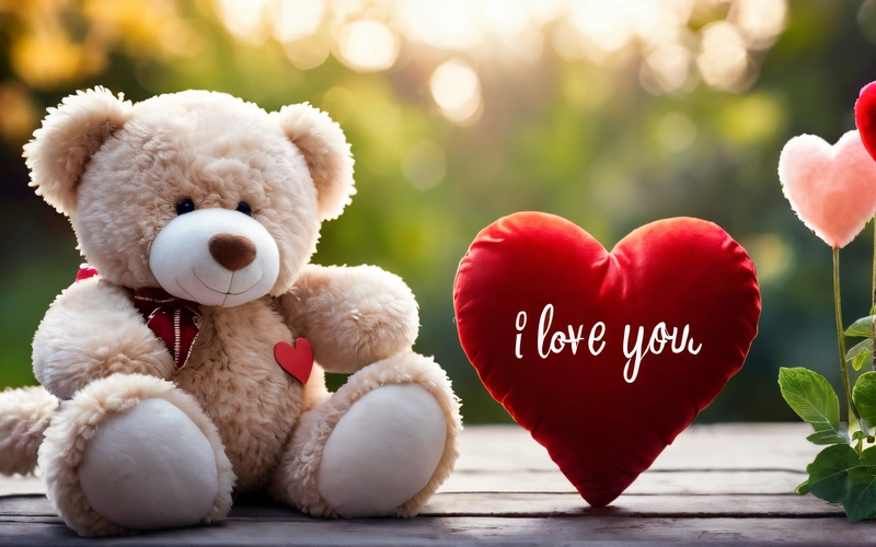 A teddy bear sitting next to a heart shaped pillow with a message i love you on it and a rose in the foreground with a heart shaped, love, a stock photo, romanticism