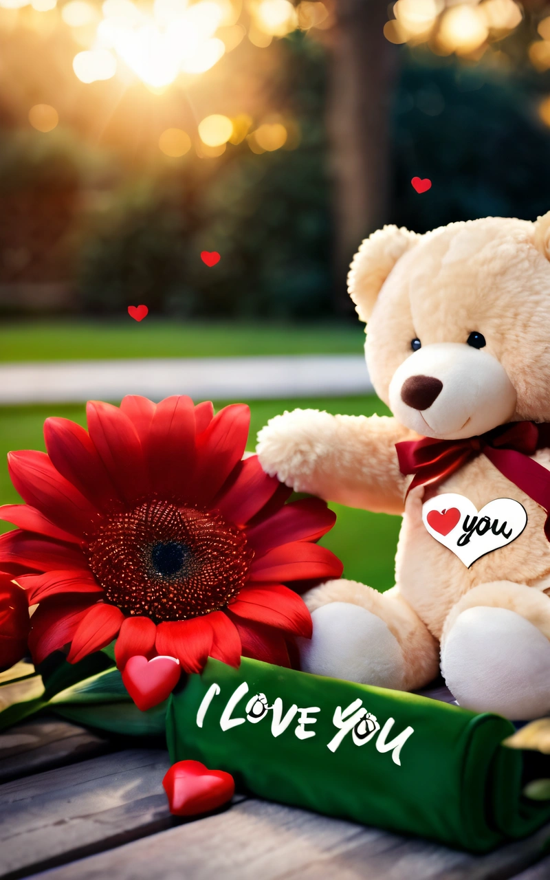 A teddy bear sitting on a table with a red flower and i love you sign on it's arm and a red flower in front, love, a screenshot, art photography