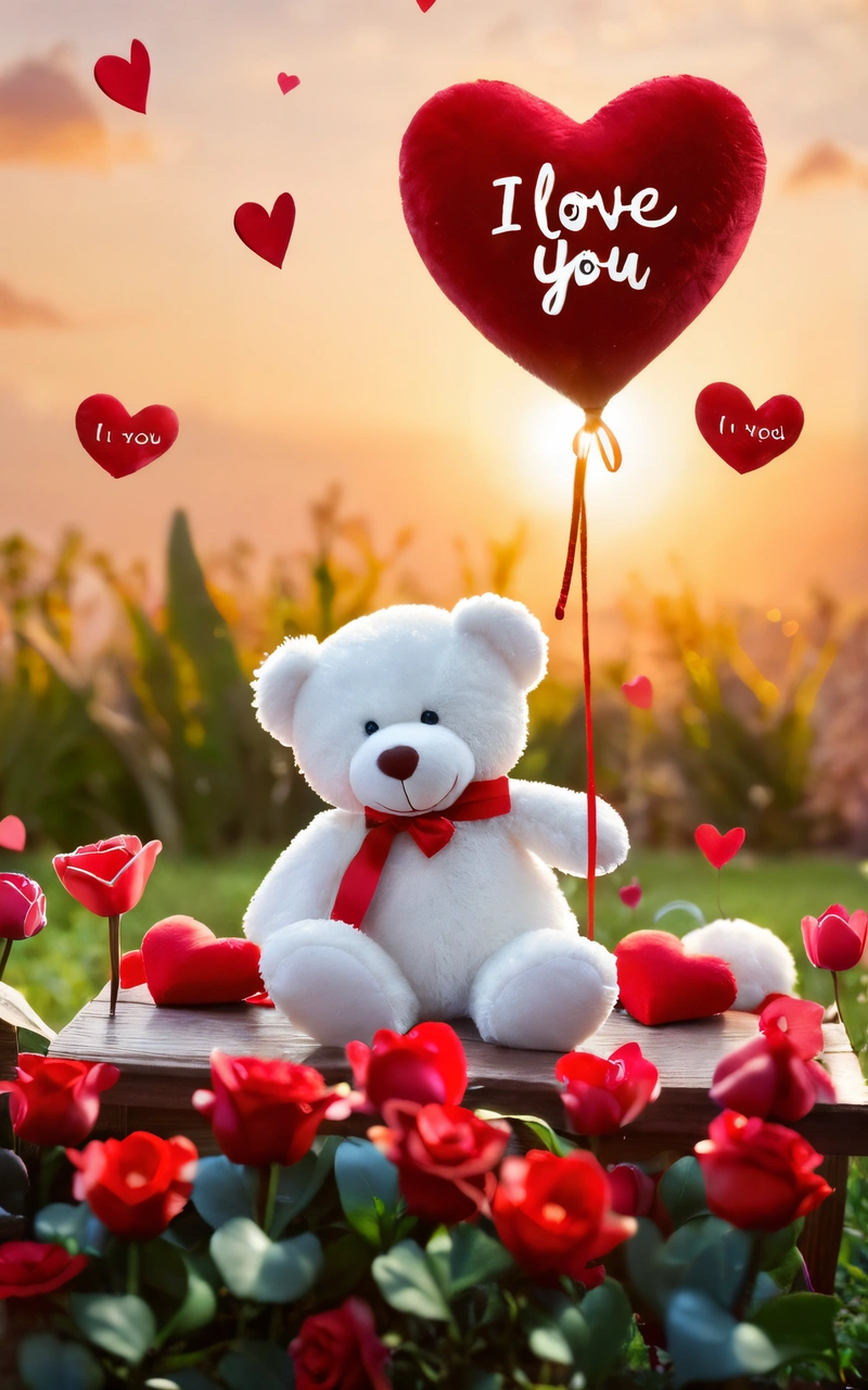 A teddy bear sitting on a bench with a heart balloon in the air and a red rose in the foreground with a heart shaped balloon in the air, romantic, a screenshot, romanticism