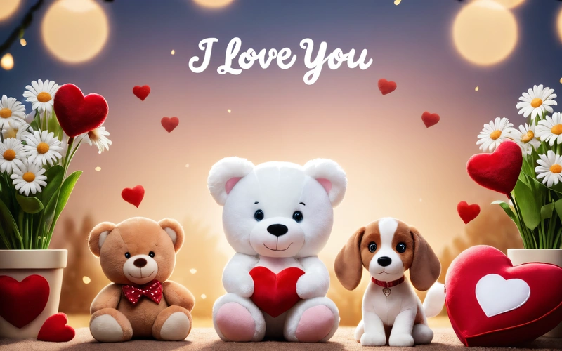 A couple of stuffed animals sitting next to each other on a table with hearts and flowers in the background and a message i love you, love, a picture, romanticism