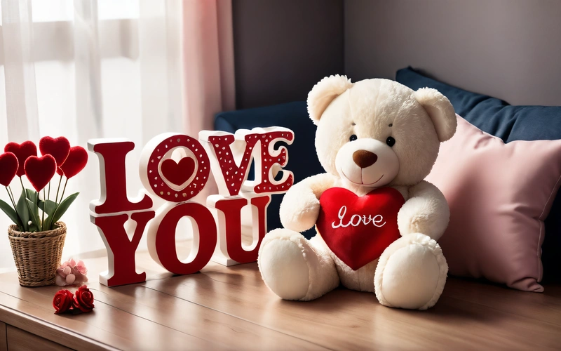 A teddy bear sitting on a table with a love you sign and flowers in a vase next to it and a teddy bear with a heart, love, a 3d render, romanticism