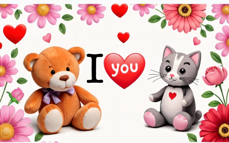 A couple of stuffed animals sitting next to each other on a white background with flowers and hearts around them and a i love you sign, love, computer graphics, computer art