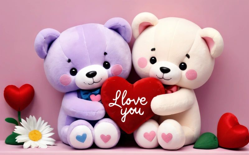 Two teddy bears holding a heart with a love you message on it and a daisy flower on the side of the picture, with a pink background, love, a picture, romanticism