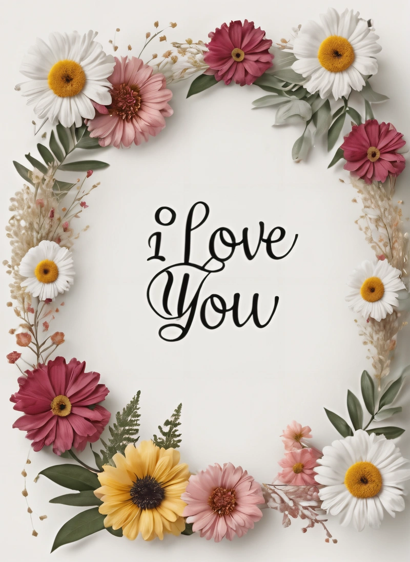 A white background with flowers and the words i love you in a circle of flowers and leaves on the bottom of the frame, with the words i love you written in the middle, u, a poster, computer art