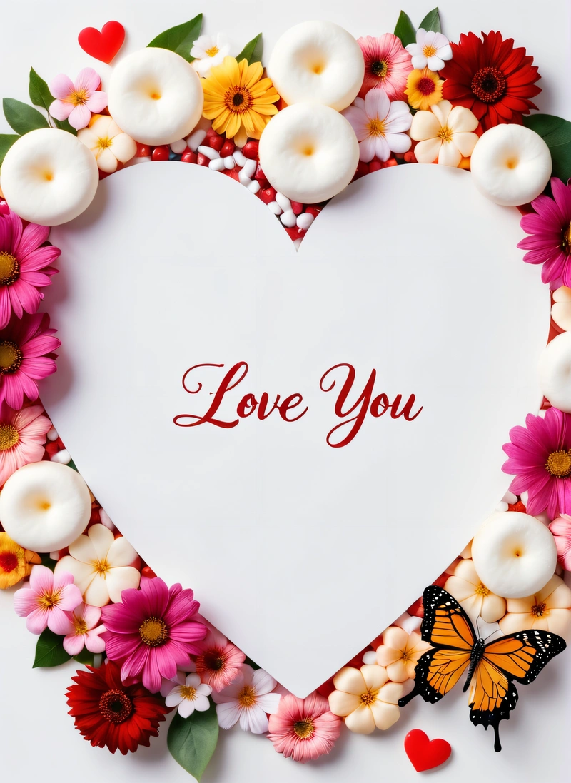 A heart shaped frame with flowers and a butterfly on it with the words love you written in the center of the heart surrounded by flowers, love, a stock photo, lyco art