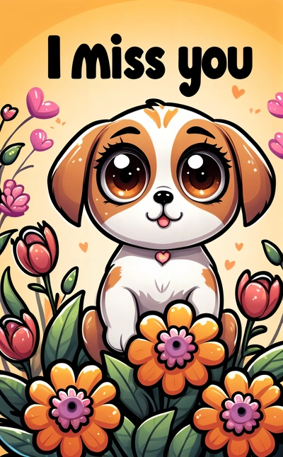 A cartoon dog sitting in a flower filled field with the words i miss you on it's side and a yellow background with pink flowers, cute and funny, a character portrait, furry art