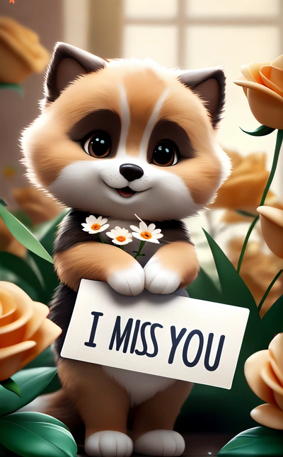 A cartoon dog holding a sign that says i miss you with flowers around it and a window behind it that says i miss you on the front, cute and funny, a screenshot, furry art