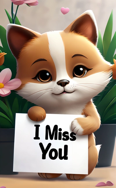 A cartoon cat holding a sign that says i miss you with flowers in the background and a message that says i miss you on it, cute and funny, a picture, furry art