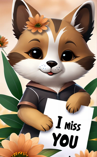 A cartoon fox holding a sign that says i miss you with flowers around it and a message that says i miss you on it,, furaffinity, a character portrait, furry art