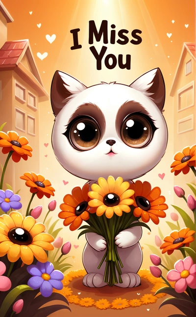 A cartoon cat holding a bunch of flowers in front of a house with a message i miss you on it's front window,, cute and funny, a screenshot, furry art