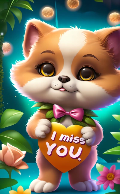 A cute little kitten holding a heart with the words i miss you on it's chest and a flower in the background with a green leafy border, cute and funny, a screenshot, sots art