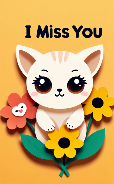 A card with a cat and flowers on it that says i miss you on the front of the card, and a bear on the back of the card, cute and funny, a screenshot, pixel art