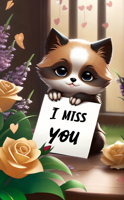 A cartoon cat holding a sign that says i miss you with roses around it and a window behind it with hearts and flowers behind it, cute and funny, a picture, sots art