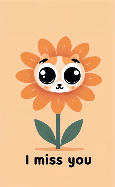 A cartoon flower with the words i miss you on it's face and eyes, with a green stem in the center of the flower, character portrait, vector art, furry art