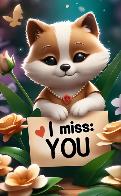 A cartoon dog holding a sign that says i miss you with flowers around it and butterflies around it, and a butterfly flying above it, cute and funny, a picture, furry art